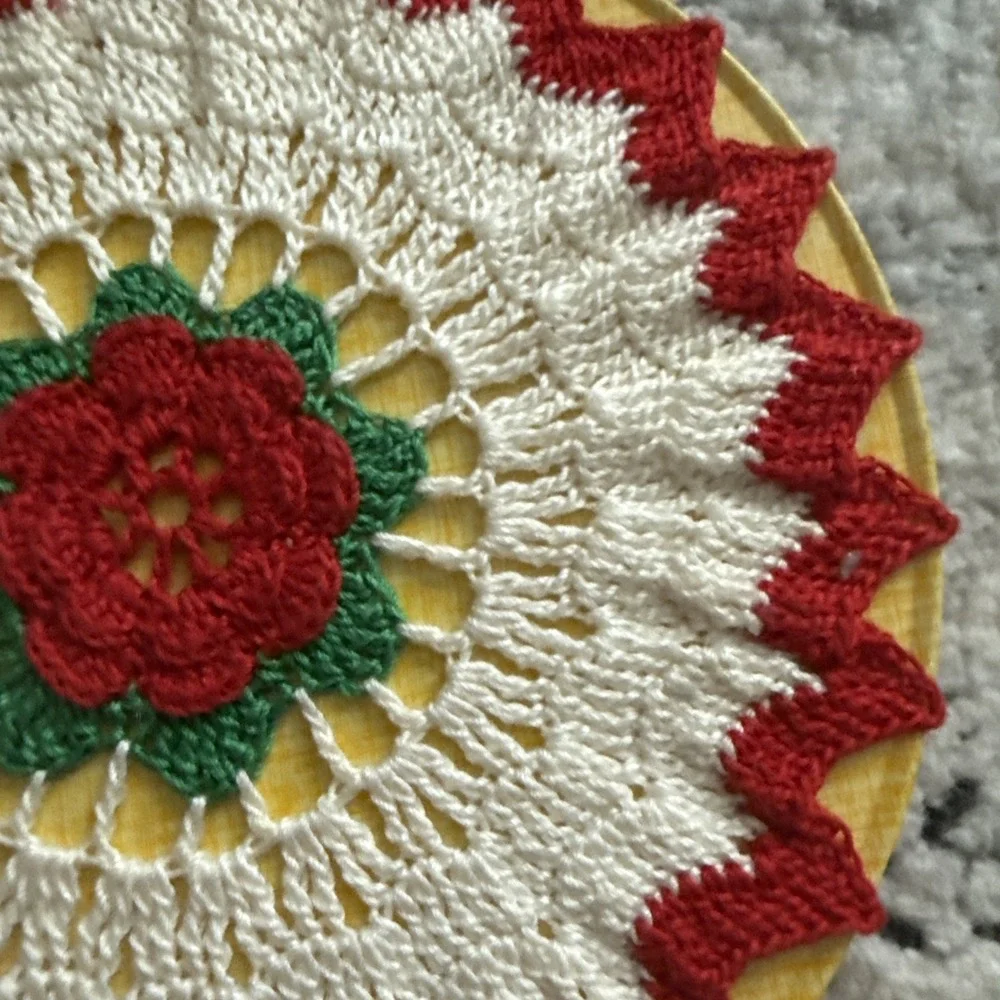Vintage Hand Crocheted Kitchen Trivet And  Cover Doily Red/White Raised Rose